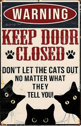 Warning Keep Door Closed, Don't Let the Cats Out No Matter What They Tell You