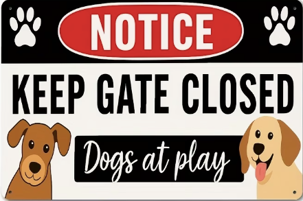Notice Keep Gate Closed, Dogs At Play