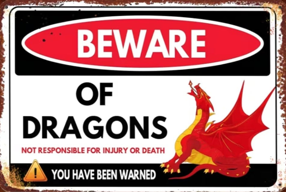 Beware of Dragons Sign - Funny Fantasy Warning Metal Wall Decor